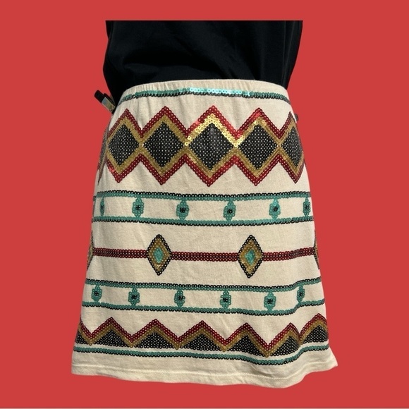 Bongo Mini Stretch Skirt with Sequins and Aztec or Native American Design XL - Picture 2 of 9
